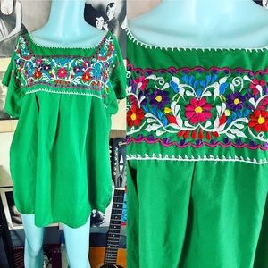 🌼 VINTAGE SIZE LARGE XL XXL MEXICAN EMBROIDERED SHIRTS KELLY GREEN BOHO